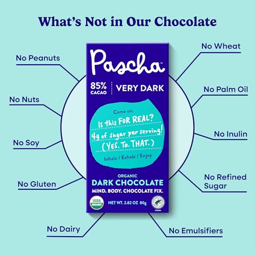 Pascha 85% Cacao Dark Chocolate Bars - Organic, Vegan, 10 Count | Pascha 85% Organic Vegan Dairy Free Dark Chocolate Bars, 10 Count