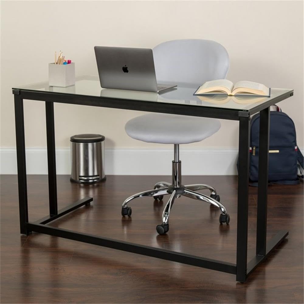 Flash Furniture Singleton Glass Desk with Black Pedestal Metal Frame | Tempered Glass Surface, Powder Coated Metal Frame