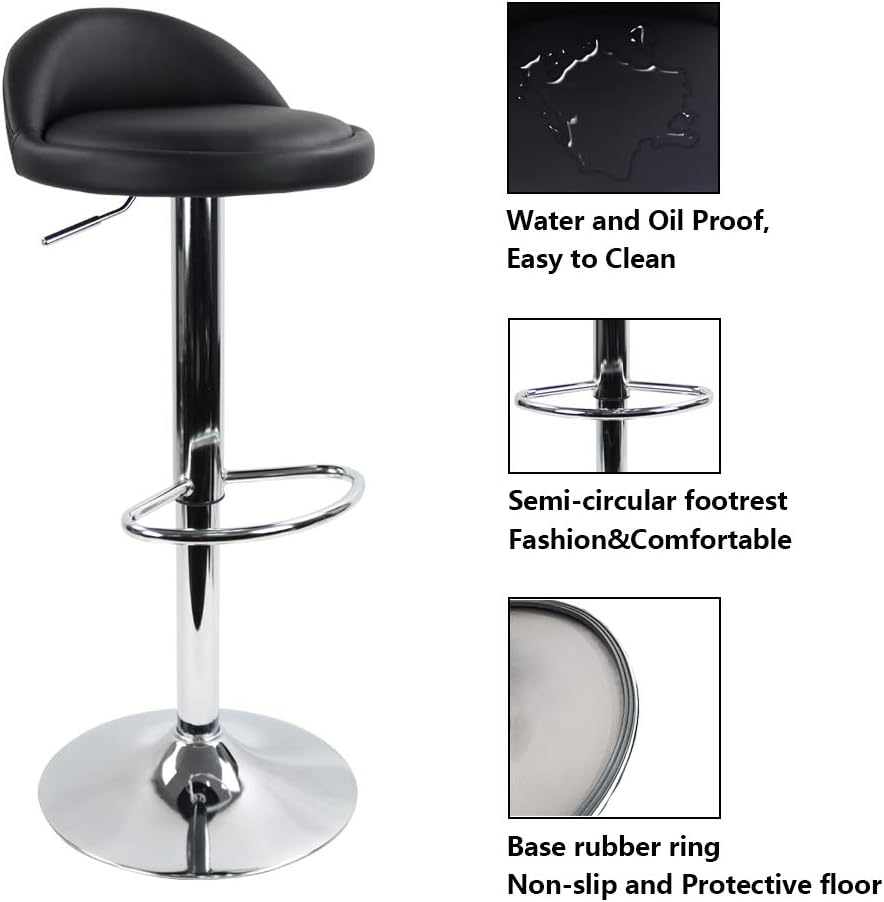 KKTONER PU Leather Round Bar Stool with Back Rest Height Adjustable Swivel Pub Chair Home Kitchen Bar stools Backless Stool with Footrest (Black)