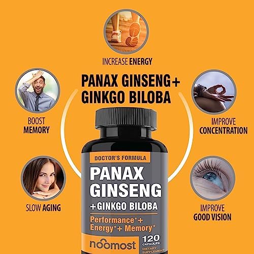 Authentic Korean Red Panax Ginseng + Ginkgo Biloba, 120 Vegan Capsules, Ginseng Root Extract Powder 1000mg (10% Ginsenosides) + Gingko Biloba 60mg