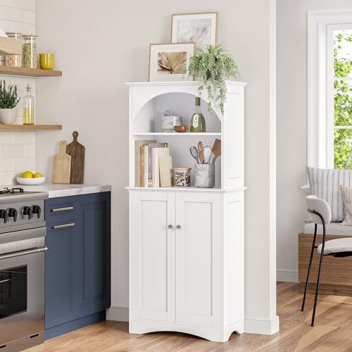 RiverRidge Kitchen Tall 2-Door Sideboard Buffet Storage Cabinet, White | Soft Close Hinges, Adjustable Shelves, Versatile Arched Design