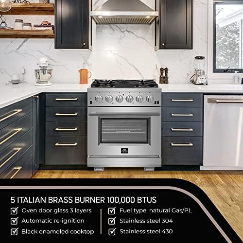 FORNO Capriasca Full Gas 30" Inch. Freestanding Range with 5 Sealed Burners Cooktop - 4.32 Cu.Ft. Gas Convection Oven Capacity