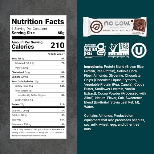No Cow Chocolate Fudge Brownie Vegan Protein Bars, 12 Pack | 20g High Plant-Based Protein, High Fiber, Low Sugar, Gluten-Free, Dairy-Free, Soy-Free