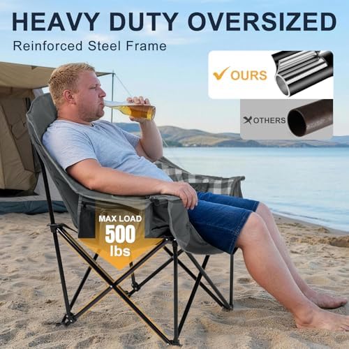Oversized Camping Chairs for Adult - Heavy Duty Padded Portable Folding Chair XL Collapsible Camp Chair with Cup Holder Side Pocket for Outdoor Lawn Beach Sport Fishing Support 500LBS, Grey
