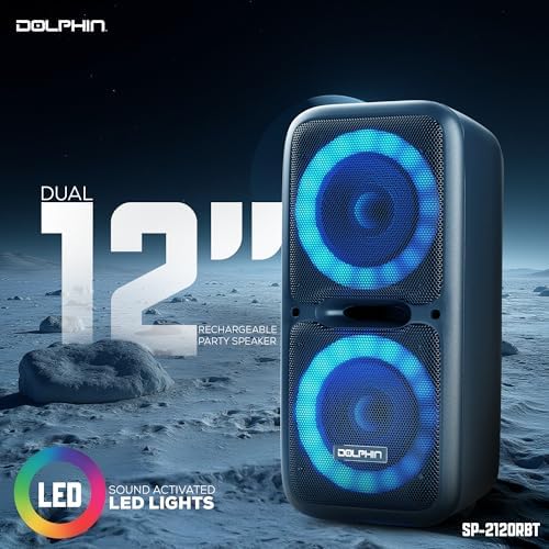 Dolphin Bluetooth Party Speaker with Wired Microphone, Dual 12" Woofers | 5-Band EQ, Hi-Fi Amplifier, Multicolor LED Lights, USB & AUX Playback