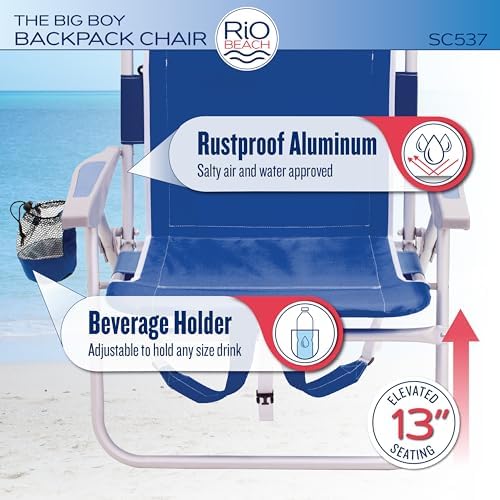 Rio Beach 2-Pack Wide Big Boy 4-Position Backpack Beach Chair with Pillow, Arms, and Storage Pouch, Lightweight Outdoor Portable Camping Chair with Carry Straps, Supports up to 300 lbs., Blue/Red
