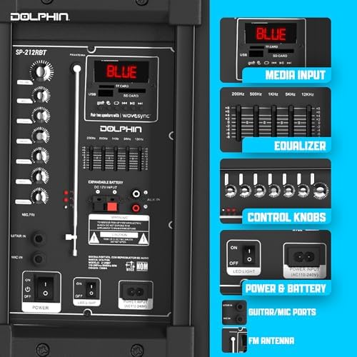 Dolphin Bluetooth Party Speaker with Wired Microphone, Dual 12" Woofers | 5-Band EQ, Hi-Fi Amplifier, Multicolor LED Lights, USB & AUX Playback