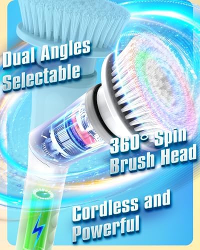 Electric Spin Scrubber, Cordless Shower Spin Scrubber with Dual Speed, 6 Replacement Brush Heads & Adjustable Extension Arm, 2H Bathroom Scrubber