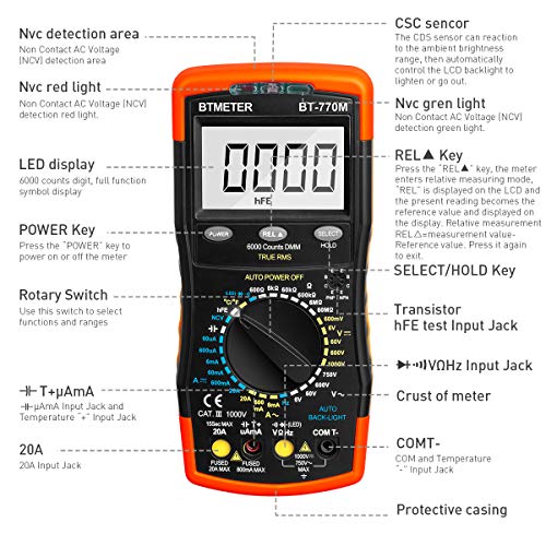 Digital Multimeter TRMS 6000 Count, BTMETER BT-770M Auto/Manual Ranging DMM Electrical Meter Tester for AC/DC Amp, AC/DC Volt
