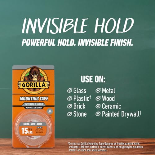 Gorilla Invisible Hold Mounting Tape, 1" x 150" (Pack of 1), Holds up to 15 lbs, Clear Double-Sided Tape for Strong, Permanent Bond