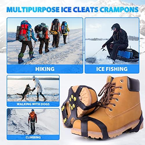 Ice Cleats for Boots Shoes, Snow Grips Cleats for Ice and Snow Anti-Slip Rubber Traction Cleats for Walking on Snow and Ice 10 Steel Studs Crampons for Hiking, Walking, Climbing, Jogging