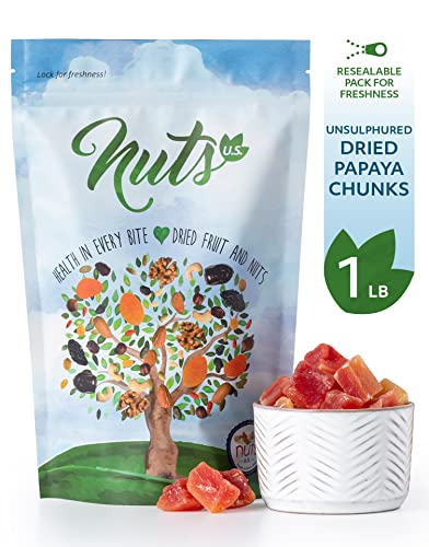 NUTS U.S. - Unsulphured Dried Papaya Chunks | Low Sugar | No Color Added | NON-GMO and Gluten Free | Vegan Snacks | Packed in a Resealable Bag!!! (1 LB)