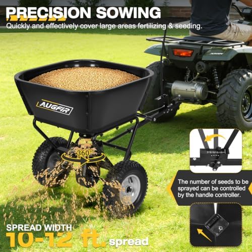 AugFir Tow Behind Broadcast Spreader, 130 LBS Capacity Lawn Fertilizer Spreader for Riding Mower, ATV, UTV & Tractor