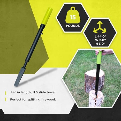 Timber Tuff Manual Log Splitter, Heavy-Duty Steel Wood Splitting Tool, Slide Hammer & Comfort Grip Handle for Firewood, Kindling, TMW-11, Green