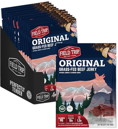 Field Trip Beef Jerky, Original, 1 Oz Bag, 12 Bags/carton | Grass Fed Beef Jerky, Healthy Gluten Free Snacks, All Natural, Paleo-Friendly Beef Jerky, High Protein, Low Carb, No Nitrates
