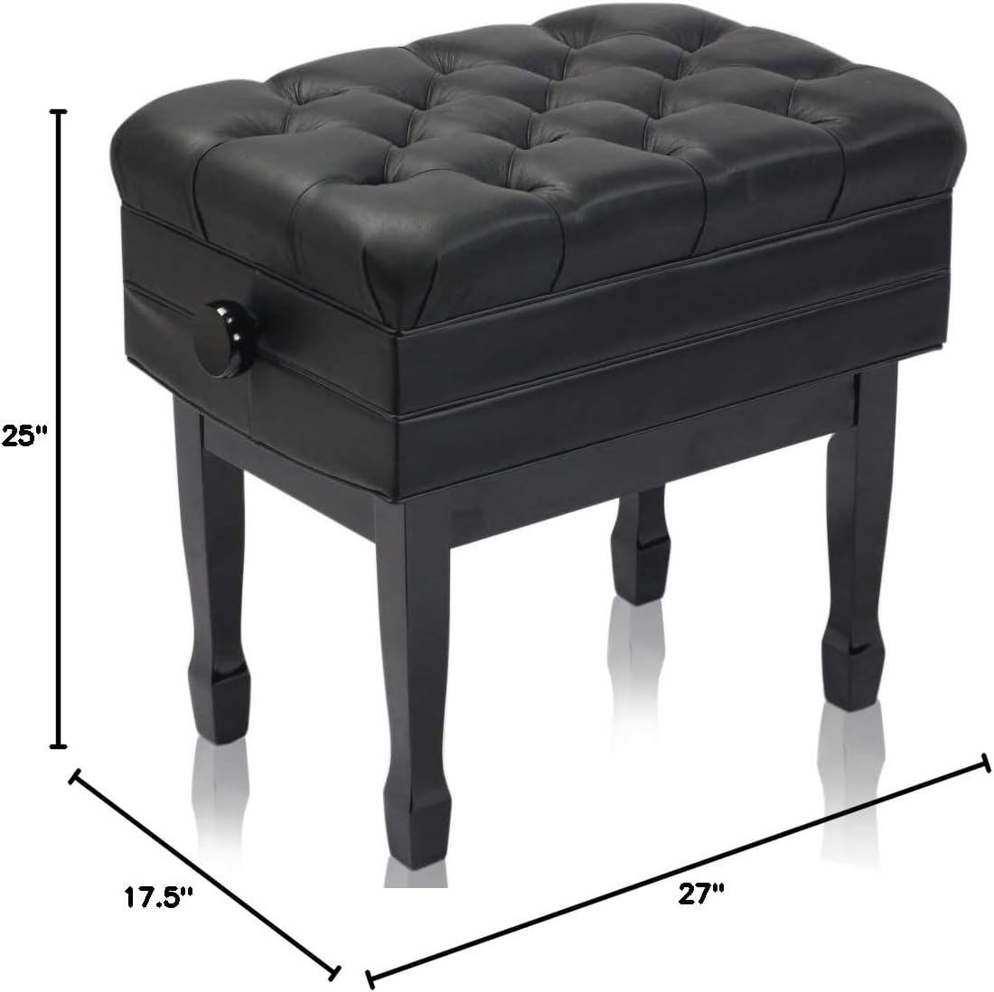 Griffin Piano Bench (Genuine Leather Plus Series) – Adjustable Ergonomic Keyboard Stool with Storage, Black Wood Frame for Home, Musicians