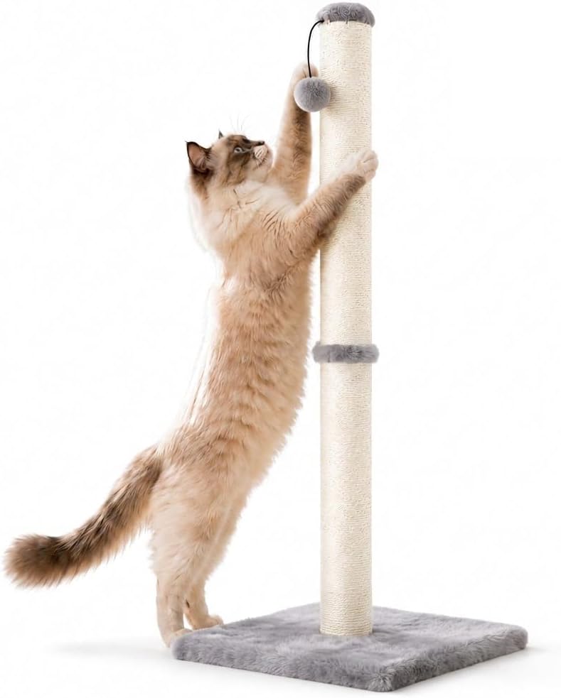 Dimaka 29" Height Tall Cat Scratching Post, Claw Scratcher with Sisal Rope and Covered with Soft Smooth Plush, Vertical Scratch [Full Strectch] for Standard Size Cats(Grey, 29 inches for All Cats)