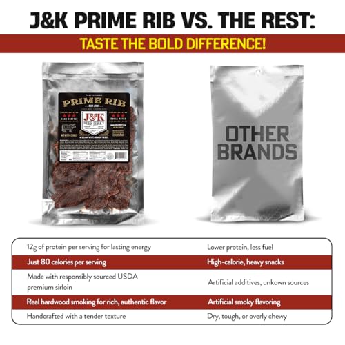 J&K Jerky Prime Rib Beef Jerky - Authentic American Made Slab Jerky for a Delicious Protein Snack - 7oz Big Bag of Jerky
