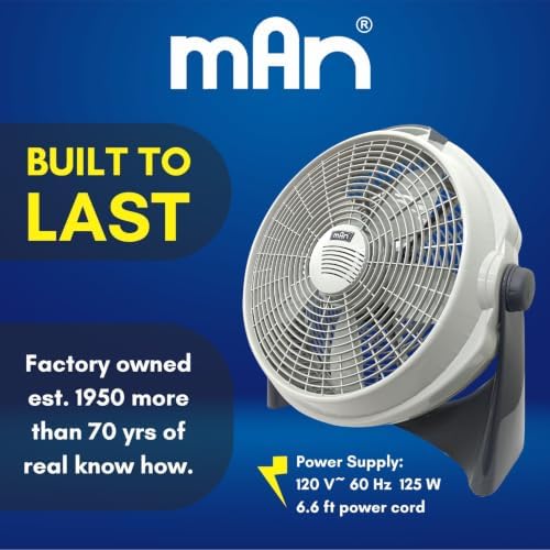 MAN High Velocity Floor Fan 20 Inch, 3600 CFM 3-Speed Air Circulator with Adjustable Tilt, Powerful Cooling for Garage, Home, Gym, Shop & Office