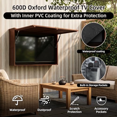 Outdoor TV Enclosure, Fit for 32-55 Inch TV, Solid Wood Wall-Mounted TV Cabinet with Dual-Arm Steel Bracket, Includes 600D TV Cover (Walnut Color)