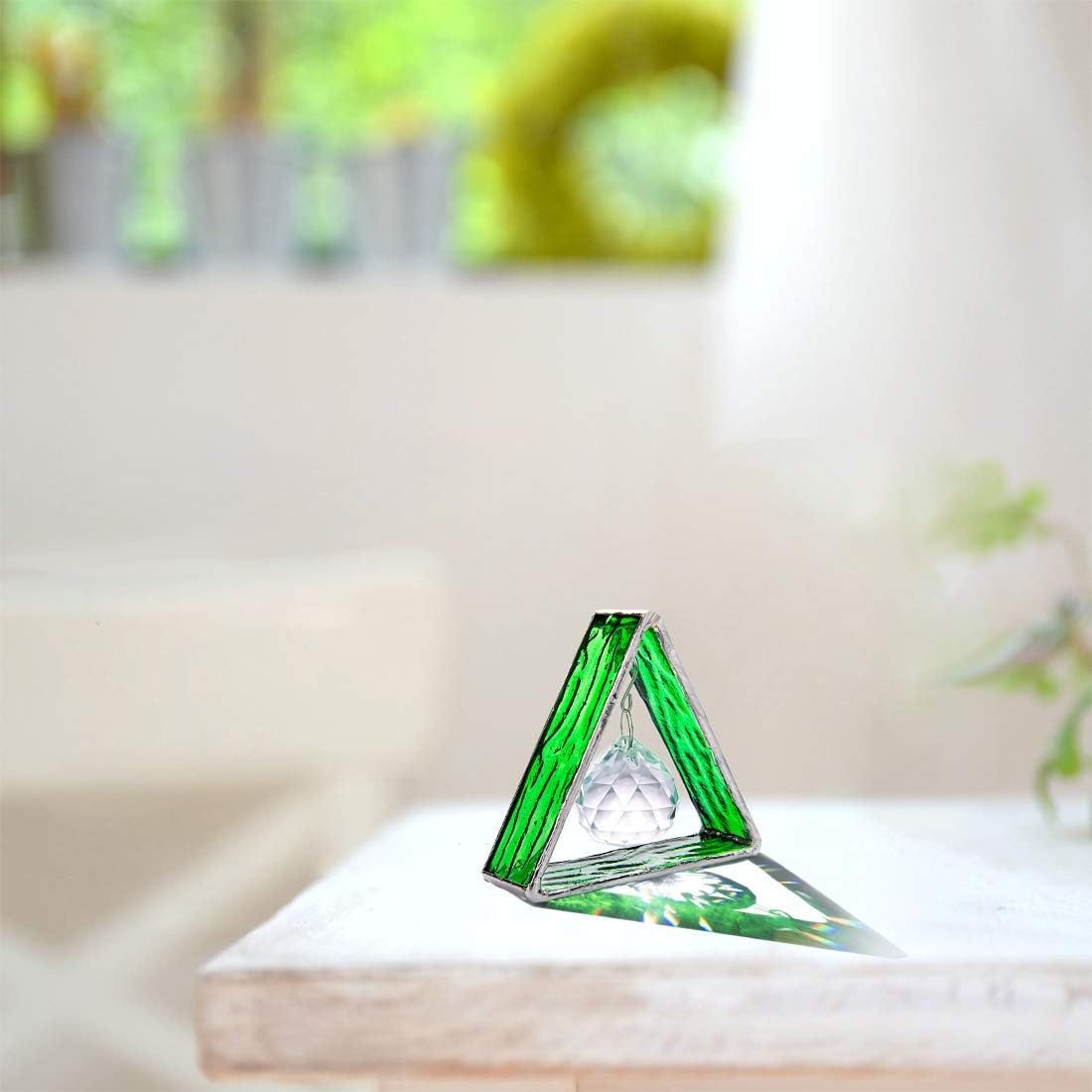 Green Stained Glass Pyramid Suncatcher Window Hanging Prism Decor