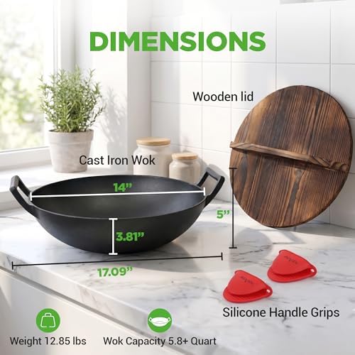 NutriChef 14" Cast Iron Wok with Wooden Lid - Pre-Seasoned Kadai for Stir-Fry with Loop Handles, Compatible with Multiple Cooktops Including Induction
