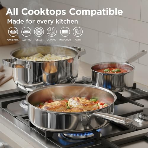 Tri-Ply Stainless Steel Cookware Set, 10pcs Pots and Pans Set Non Toxic | PFOA Free, Oven Safe to 900℉, Dishwasher Safe, All Cooktop Compatible