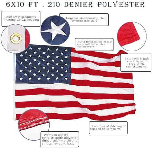 ANLEY EverStrong Series American Flag 6x10 Foot Heavy Duty - Embroidered Stars and Sewn Stripes - 4 Rows of Lock Stitching - US National Banner Flags with Brass Grommets 6 X 10 Ft