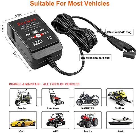 Suuwer Automatic Trickle Battery Charger, 12V 2000mA Battery Maintainer | for Car Motorcycle ATV Boat and More, With 12FT DC Cable