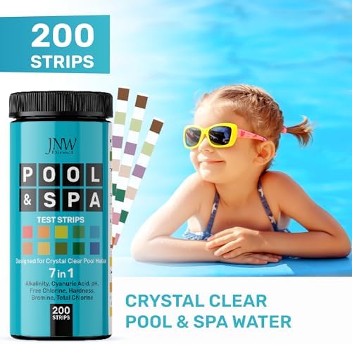 Pool Test Strips for Pools and Spas - 7 in 1 Water Test 100 Pack | Includes 100 pool test strips that measure chlorine, bromine, pH, alkalinity, hardness and cyanuric acid in 30 seconds.