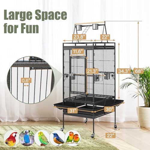 ZENY 68-Inch Birdcage, Playtop Parrot Cage, Wrought Iron Bird Cage with Rolling Stand