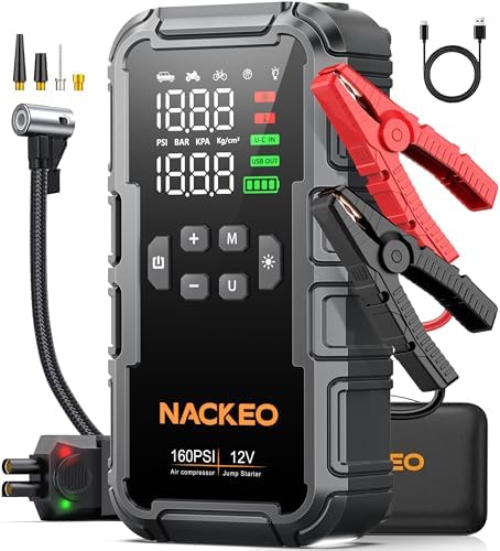 8000A Car Battery Jump Starter with Air Compressor 160PSI, Car Jumper Starter Portable (All Gas 12L Diesel), 12V Jump Box Car Battery with 600LM Light