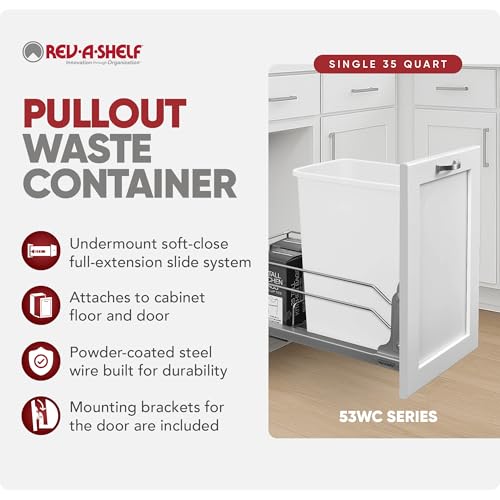 Rev-A-Shelf 35 Qt Pull Out Trash Can with Soft Close for Under Kitchen Cabinets, Min Opening Width of 11.5", Metallic Silver, 53WC-1535SCDM-117