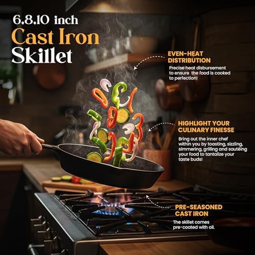 Utopia Kitchen Cast Iron Skillet Set 3 Piece 6 8 10 Inch PFAS-Free Black | Chef Pan, Even Heat Distribution, Stovetop, Campfire and Grill Safe, Large Skillet Set, Indoor Outdoor Use