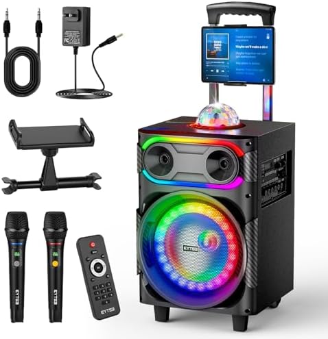 Karaoke Machine for Adults with 2 Wireless Microphones, BT PA System with Disco Ball LED Lights, Rolling Wheels, Tablet Holder, Remote Control