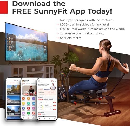 Sunny Health & Fitness Compact Hydraulic Rower with 12-Level Resistance | Full-Body Cardio, Joint-Friendly, Lightweight & Portable, Quiet & Smooth Ride, Easy-Assembly, Free SunnyFit App
