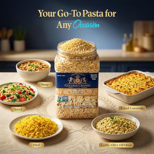 Golden Crown Orzo Pasta - Non GMO & Vegan - All Natural Rice-shaped Pasta in Bronze Cut - Made with 100% Whole Wheat - Perfect for Cold Salad