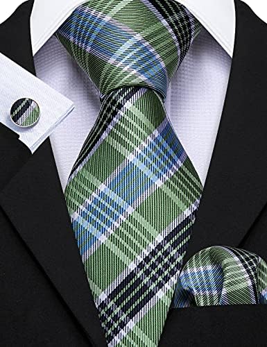 Barry.Wang Plaid Ties for Men Silk Necktie Handkerchief Cuff Links Set