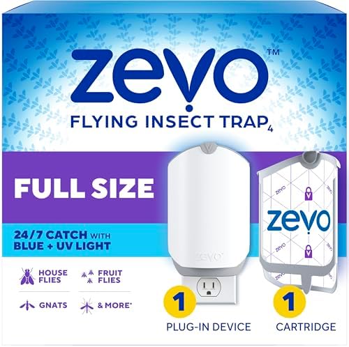 Zevo Flying Insect Trap for Fruit Flies & Gnats, 1 Base & 1 Refills | Fly Trap Catches House Flies, Gnats & Fruit Flies 24/7, Spray-Free, Odor-Free, Blue & UV Light, Safe for Kids & Pets*