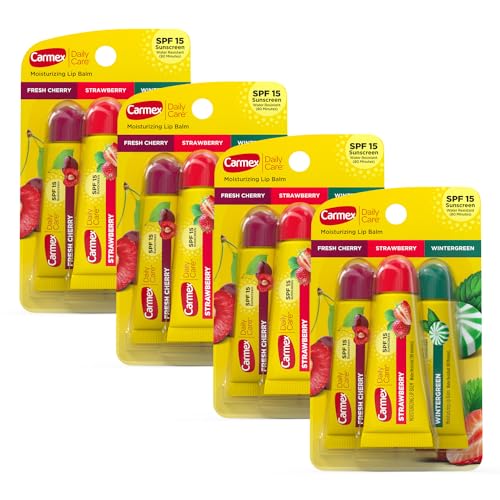 Carmex Daily Care Moisturizing Lip Balm Pack, Lip Balm With Sunscreen in Fresh Cherry, Strawberry and Wintergreen -0.35 Ounce (Pack of 3)