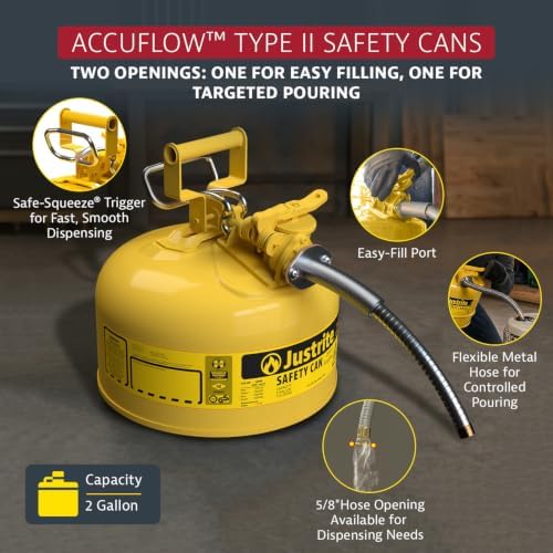Justrite Type II Diesel Fuel Can, Yellow Galvanized Steel, FM Approved | Flammable Liquid Storage Can with Controlled Pouring, 2 Gallon Capacity