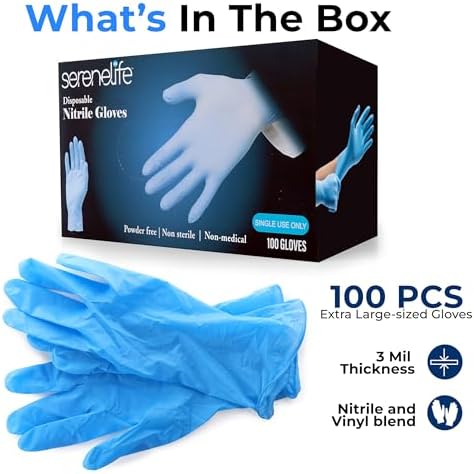 SereneLife 100 Pcs Nitrile Disposable Gloves - Soft Industrial Gloves, Vinyl Gloves Powder-Free, Latex-Free Protective Gloves, Soft and Comfortable