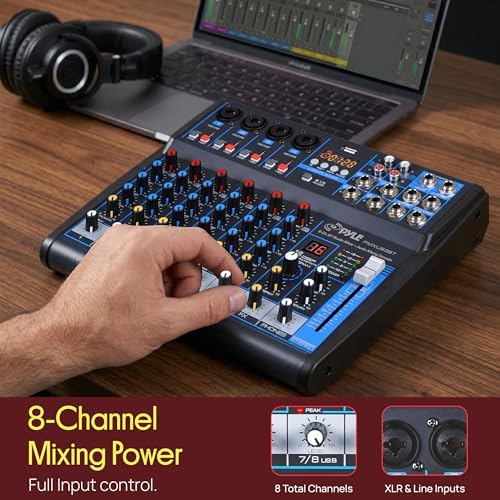 Pyle 8 Channel DJ Audio Mixer, Bluetooth, DSP FX, USB, Audio Interface | +48V Phantom Power, 16Bit DSP Processor, USB-A MP3 Player