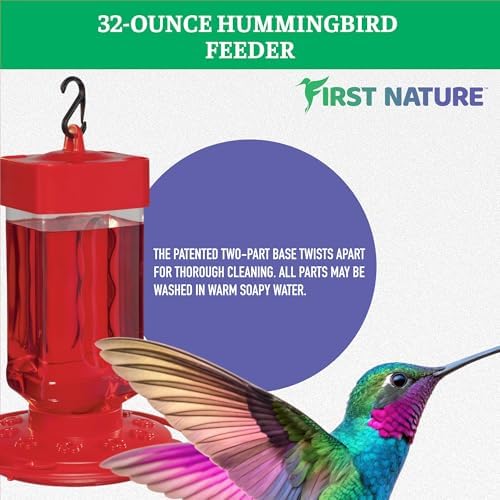 First Nature Hummingbird Feeder - 10 Feeding Ports - Red Base | Wide Mouth Prevents Messy Spills - Sealing Ring Prevents Bottom Leaks - Multi-Port Base Accommodates Flocks