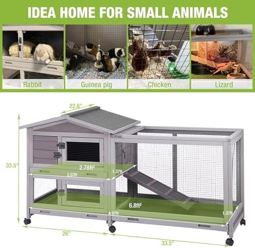 Outdoor Rabbit Hutch Indoor Bunny on Wheels Large Guinea Pig Cage with Run for Any Small Animals,Removable Pull Out Tray