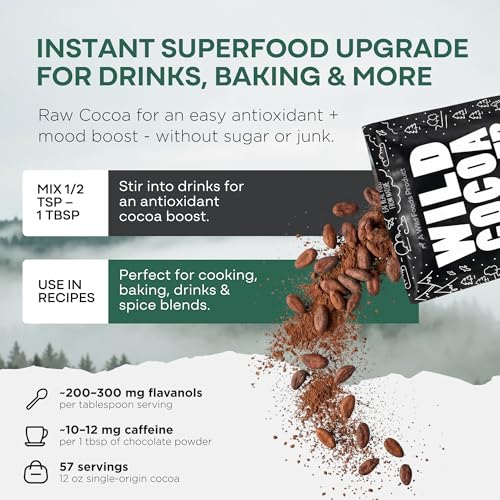 Wild Foods Organic Cocoa Powder Unsweetened for Baking & Cooking, Raw Cacao Powder, Organic Single-Origin Non-Dutched Dark Cocoa, 100% Pure, Non-GMO, Vegan Keto Superfood, Purity Tested, 12 oz