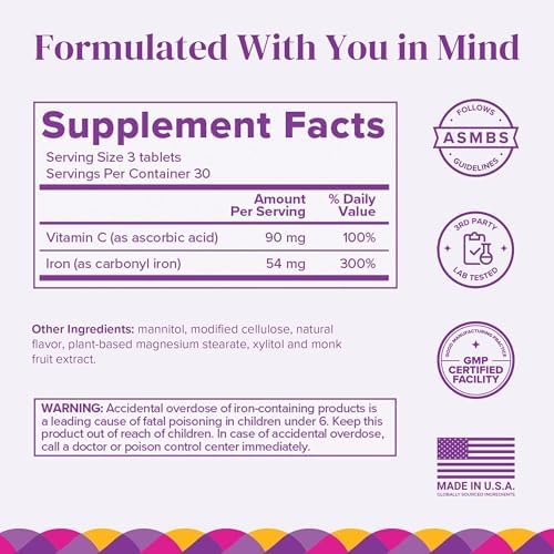 Barimelts Iron with Vitamin C, 90 Fast-Dissolving Tablets (1-Month Supply), Sugar-Free Bariatric Iron Supplement for Women, Natural Orange Flavor​