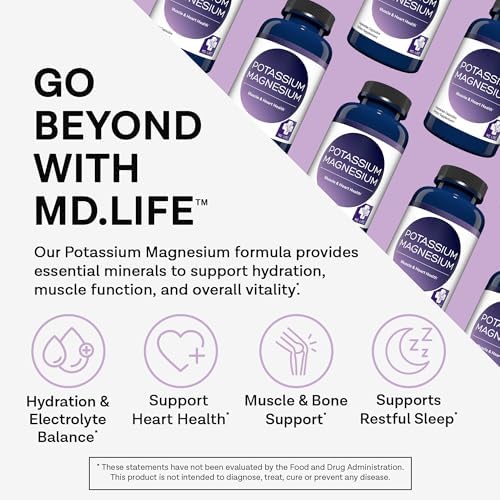 MD. Life Potassium Magnesium Supplement, High Absorption, 90 Capsules | Chelated Mineral Complex - Supports Vascular Health and Leg Cramp - Doctor Designed - Made in the USA - Non-GMO, Vegetarian