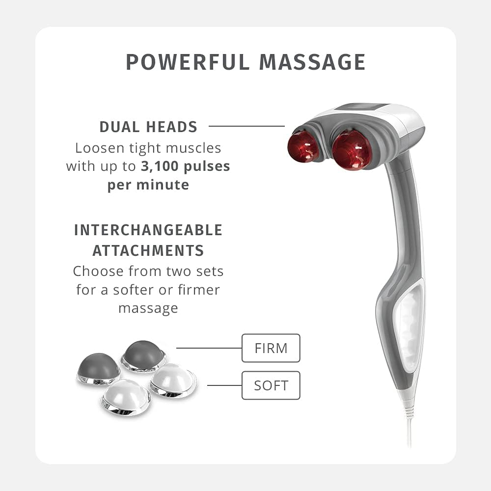 Homedics Back Massager Heated Automatic Percussion Body Massager | with Dual Pivoting Heads, for Back, Body and Neck Massage, Interchangeable Nodes