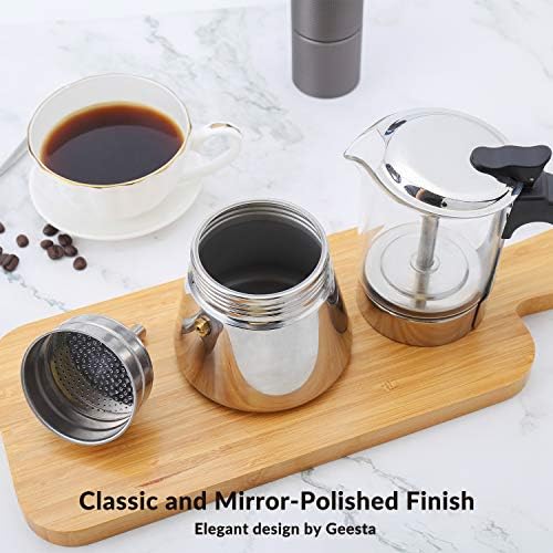 Geesta Premium Crystal Glass-Top Stovetop Espresso Moka Pot - 4/6/ 9 Cups - Stainless Steel Coffee Maker- 160ml/5.6oz/4 cup (espresso cup=40ml)